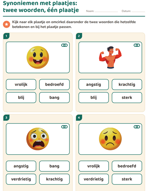 Voorbeeld van het Synoniemen-werkblad voor groep 3
