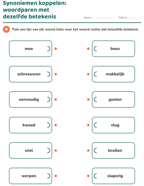 Voorbeeld van het Synoniemen-werkblad voor groep 4