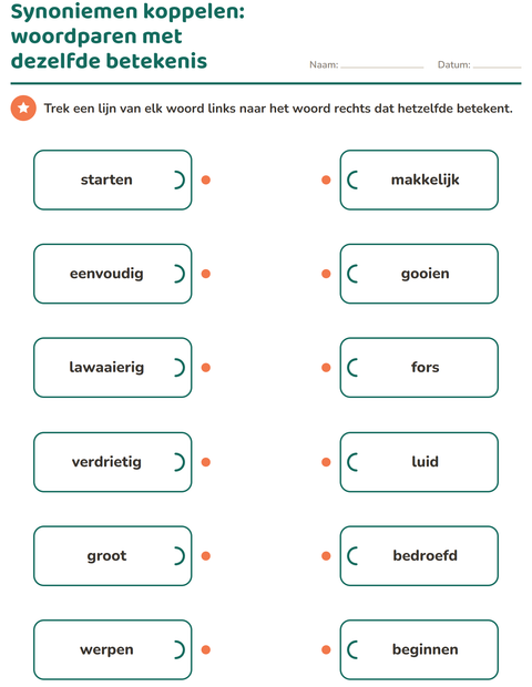 Voorbeeld van het Synoniemen-werkblad voor groep 4