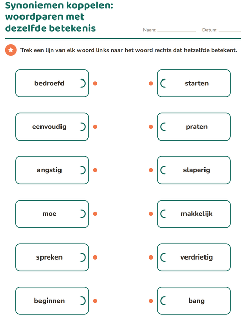 Voorbeeld van het Synoniemen-werkblad voor groep 4