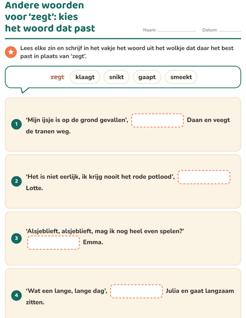Voorbeeld van het Synoniemen-werkblad voor groep 4
