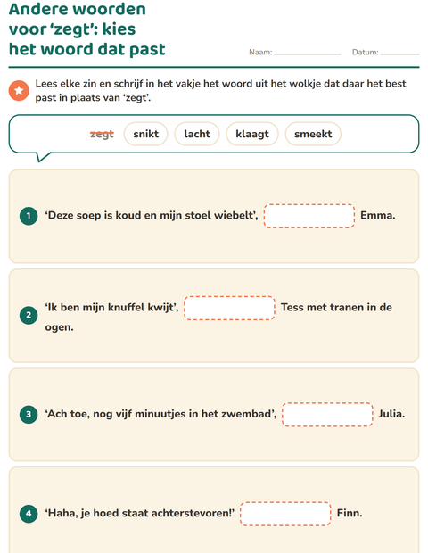 Voorbeeld van het Synoniemen-werkblad voor groep 4