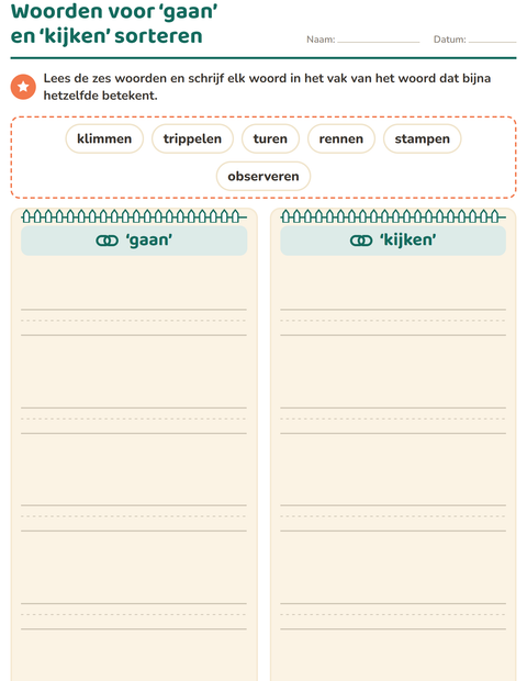 Voorbeeld van het Synoniemen-werkblad voor groep 5