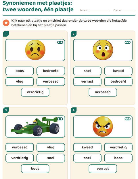 Voorbeeld van het Synoniemen-werkblad voor groep 3