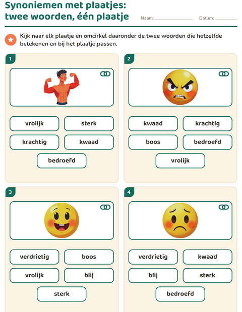 Voorbeeld van het Synoniemen-werkblad voor groep 3