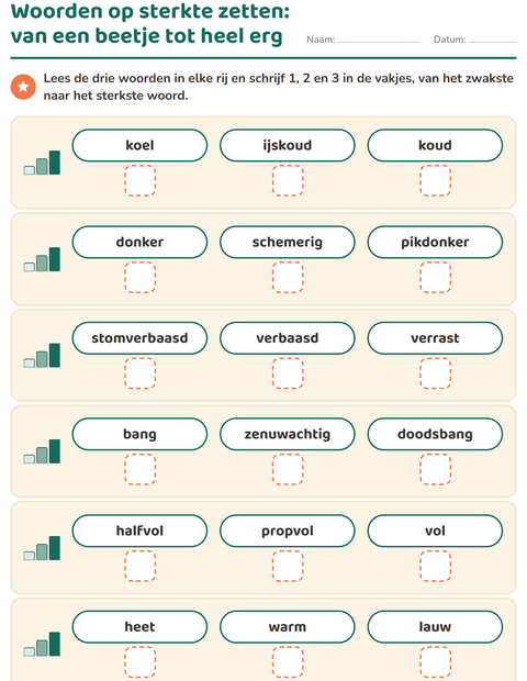 Voorbeeld van het Synoniemen-werkblad voor groep 3