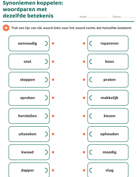 Voorbeeld van het Synoniemen-werkblad voor groep 4