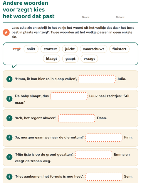 Voorbeeld van het Synoniemen-werkblad voor groep 4