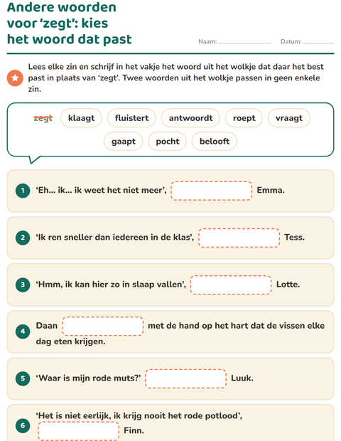 Voorbeeld van het Synoniemen-werkblad voor groep 4