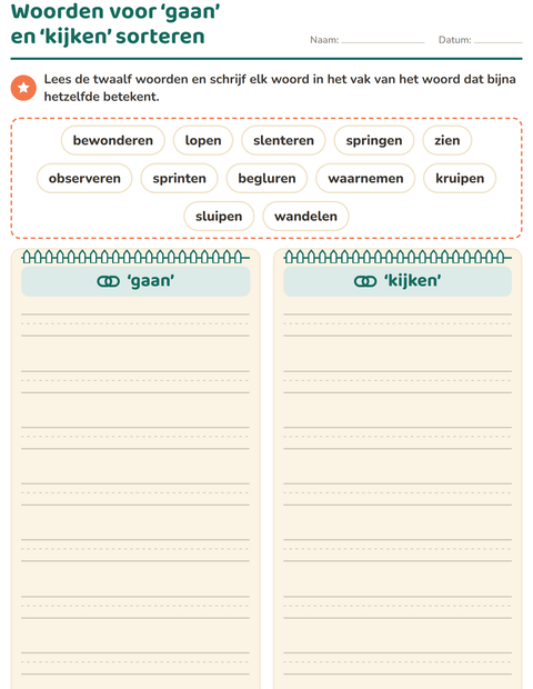 Voorbeeld van het Synoniemen-werkblad voor groep 5
