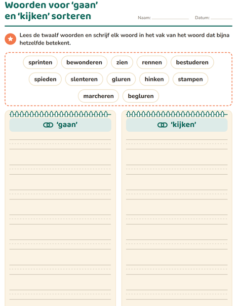 Voorbeeld van het Synoniemen-werkblad voor groep 5