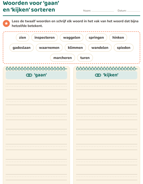 Voorbeeld van het Synoniemen-werkblad voor groep 5