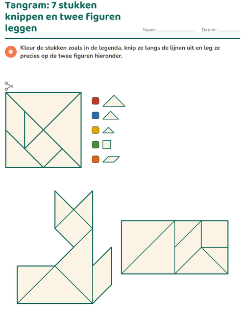 Tangram: zeven stukken knippen en twee figuren leggen
