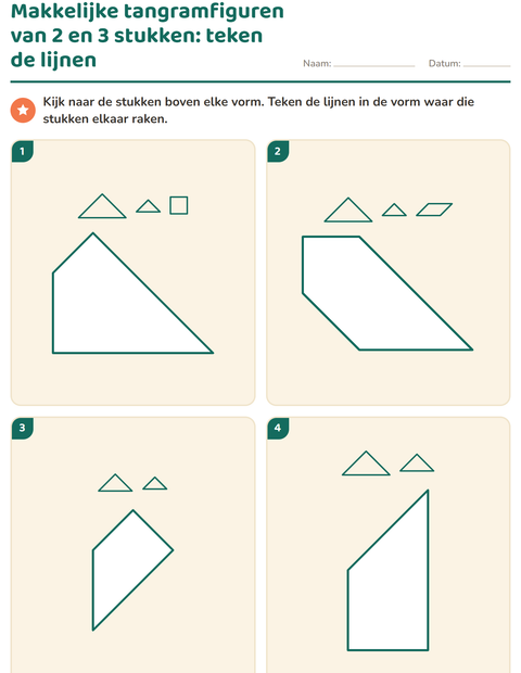 Makkelijke tangramfiguren van 2 en 3 stukken: teken de lijnen