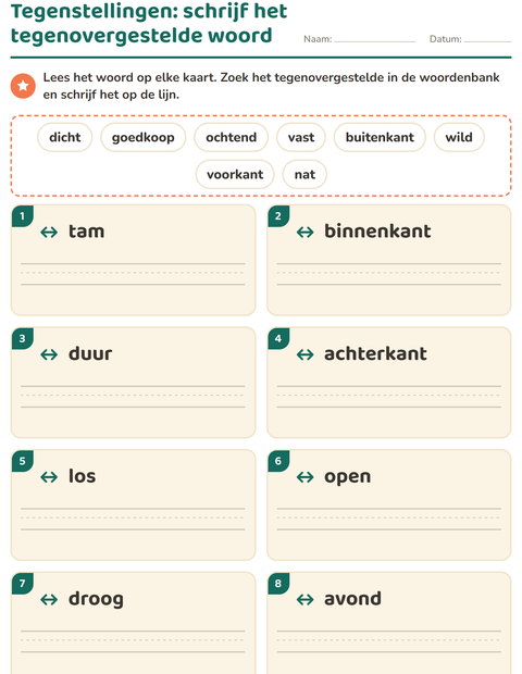 Voorbeeld van het Tegenstellingen-werkblad voor groep 3