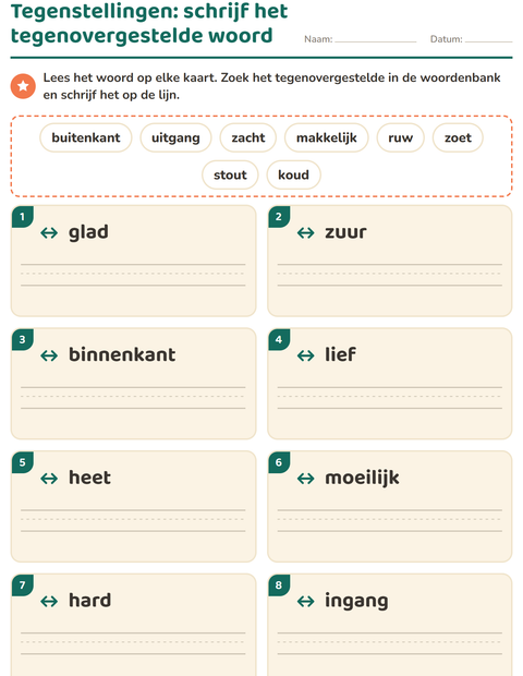 Voorbeeld van het Tegenstellingen-werkblad voor groep 3
