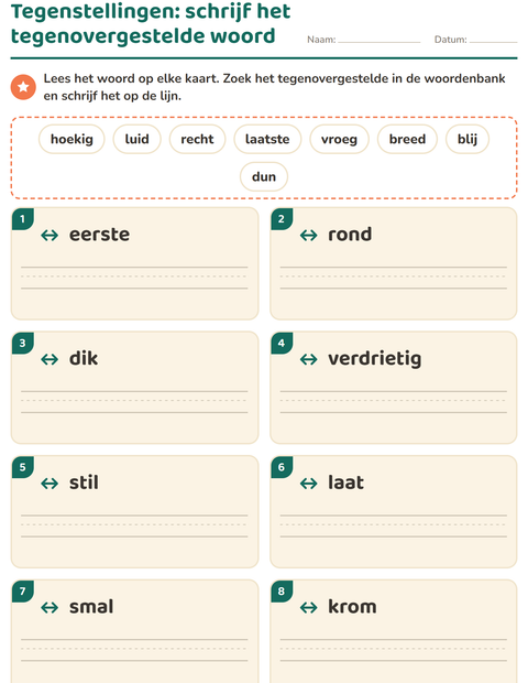 Voorbeeld van het Tegenstellingen-werkblad voor groep 3