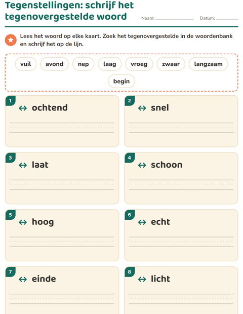 Voorbeeld van het Tegenstellingen-werkblad voor groep 3