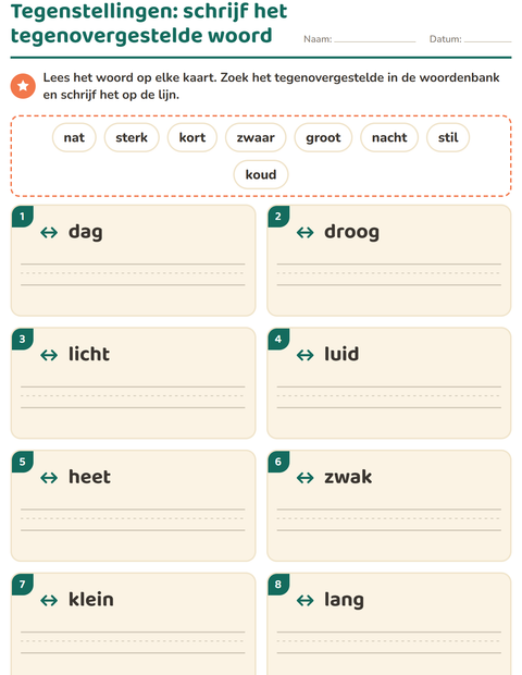 Tegenstellingen: schrijf het tegenovergestelde woord