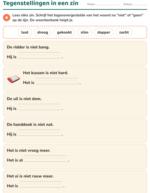 Voorbeeld van het Tegenstellingen-werkblad voor groep 3