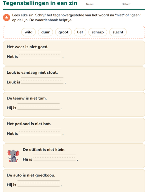 Voorbeeld van het Tegenstellingen-werkblad voor groep 3
