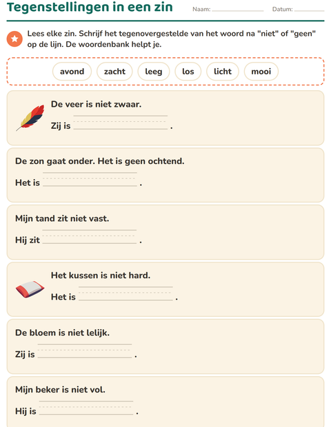Voorbeeld van het Tegenstellingen-werkblad voor groep 3