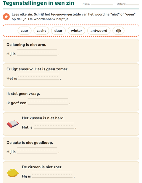 Voorbeeld van het Tegenstellingen-werkblad voor groep 3