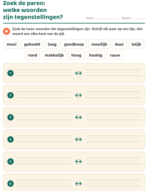 Voorbeeld van het Tegenstellingen-werkblad voor groep 3