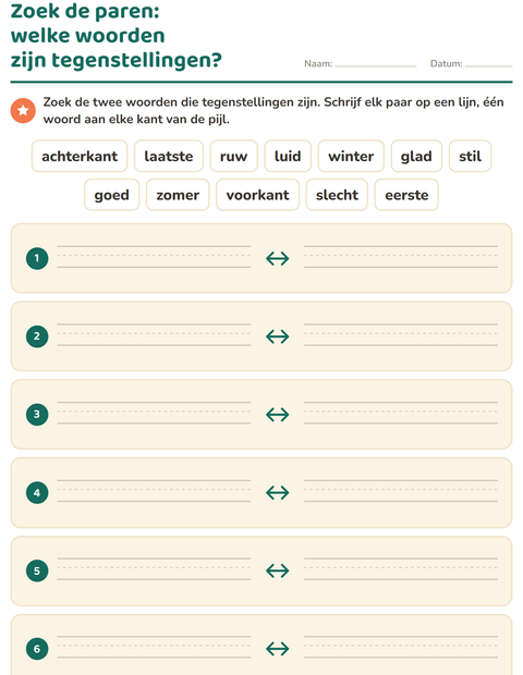 Voorbeeld van het Tegenstellingen-werkblad voor groep 3