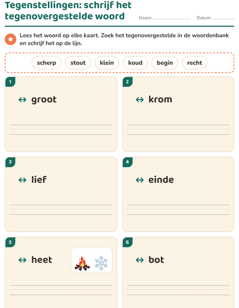 Voorbeeld van het Tegenstellingen-werkblad voor groep 3