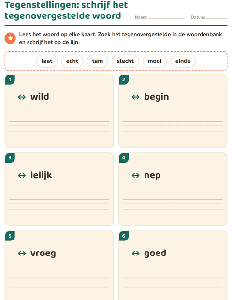 Voorbeeld van het Tegenstellingen-werkblad voor groep 3
