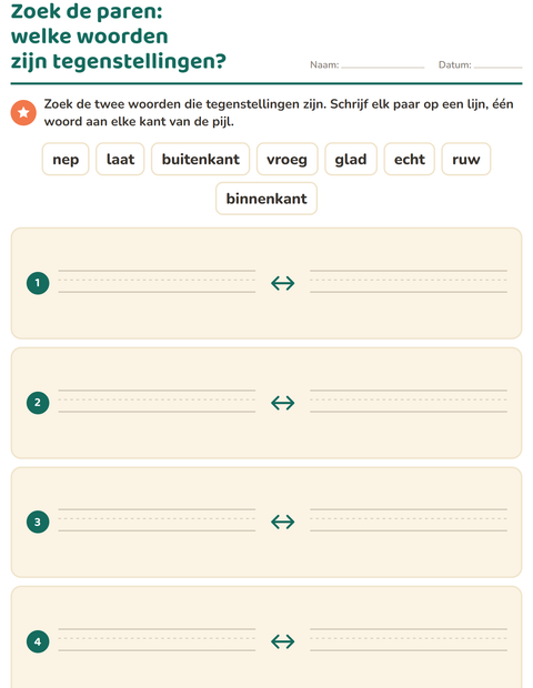 Voorbeeld van het Tegenstellingen-werkblad voor groep 3