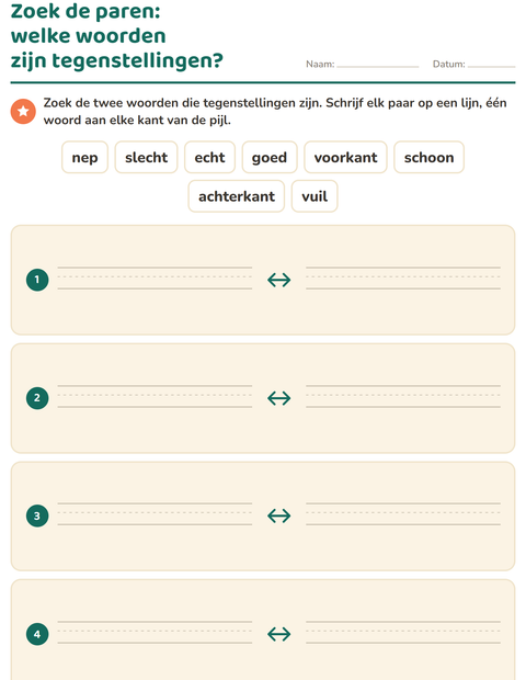 Voorbeeld van het Tegenstellingen-werkblad voor groep 3