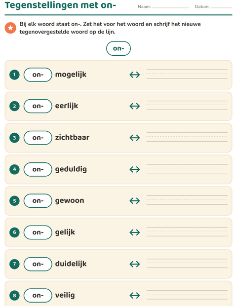 Voorbeeld van het Tegenstellingen-werkblad voor groep 4
