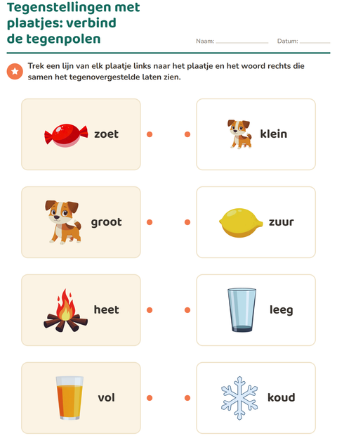 Voorbeeld van het Tegenstellingen-werkblad voor kleuterklas