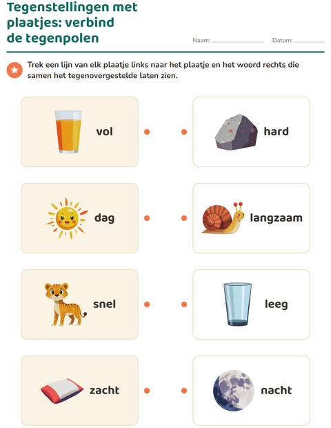 Voorbeeld van het Tegenstellingen-werkblad voor kleuterklas