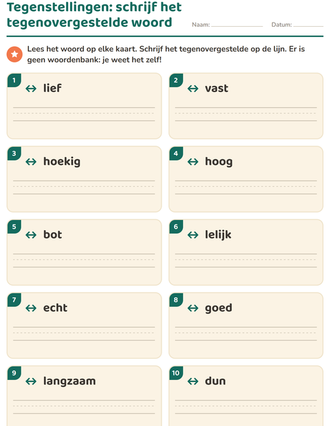 Voorbeeld van het Tegenstellingen-werkblad voor groep 3