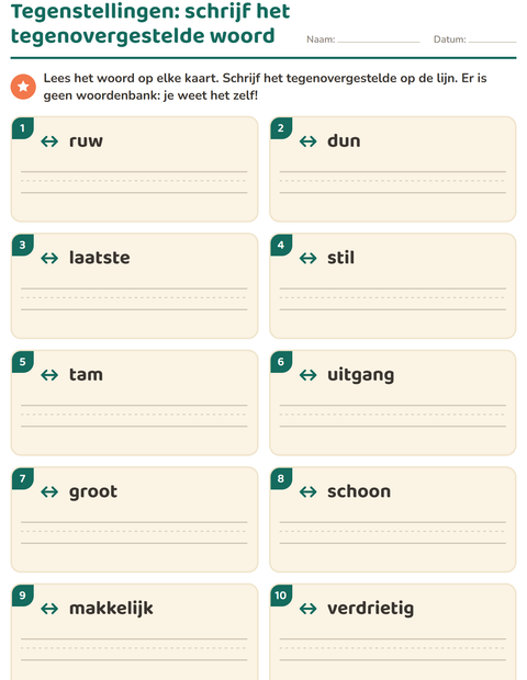Voorbeeld van het Tegenstellingen-werkblad voor groep 3