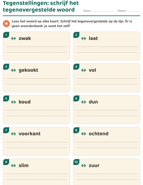 Voorbeeld van het Tegenstellingen-werkblad voor groep 3
