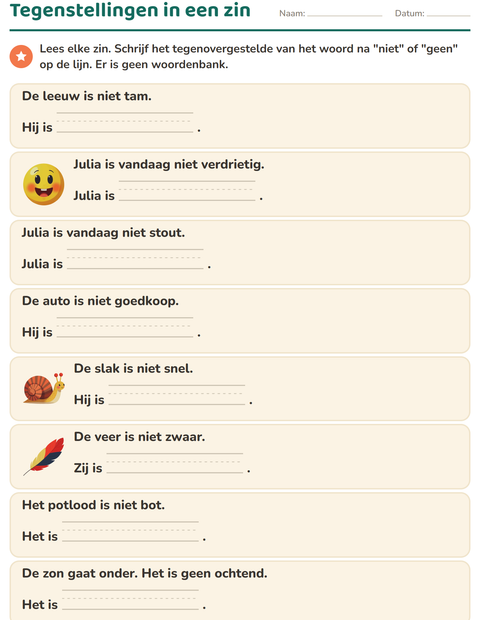 Voorbeeld van het Tegenstellingen-werkblad voor groep 3