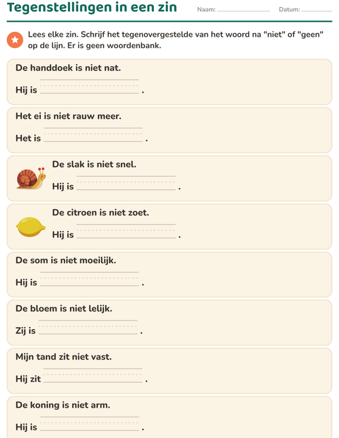 Voorbeeld van het Tegenstellingen-werkblad voor groep 3