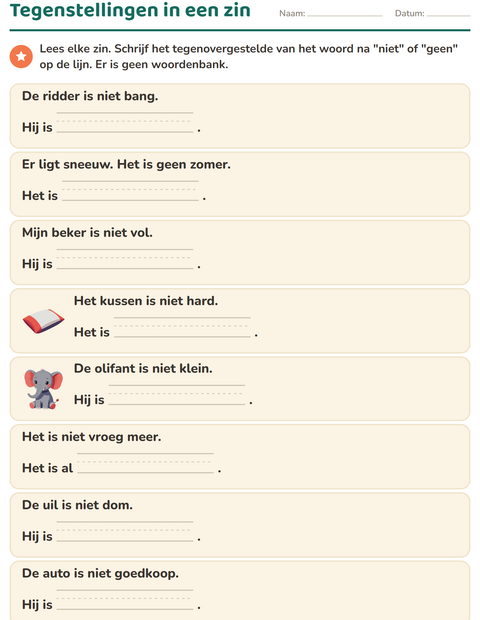 Voorbeeld van het Tegenstellingen-werkblad voor groep 3