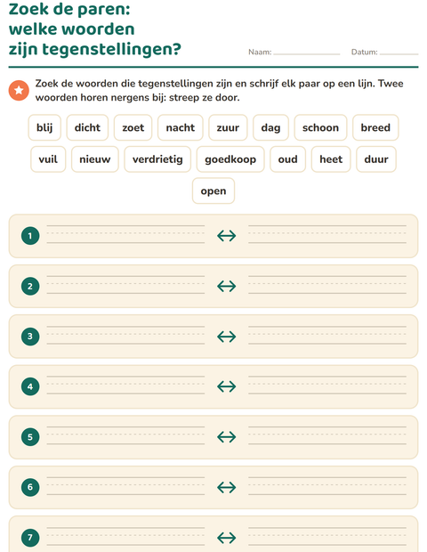 Voorbeeld van het Tegenstellingen-werkblad voor groep 3
