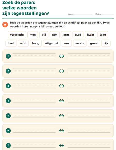 Voorbeeld van het Tegenstellingen-werkblad voor groep 3