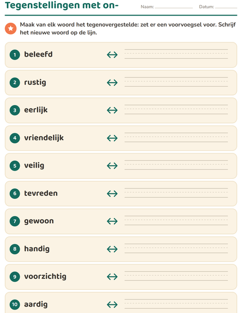 Voorbeeld van het Tegenstellingen-werkblad voor groep 4