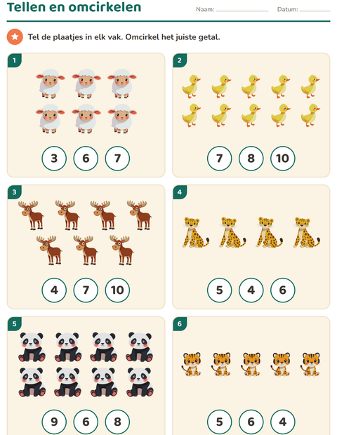 Voorbeeld van het Tellen met plaatjes-werkblad met Dieren voor kleuterklas