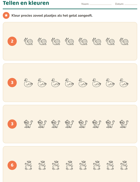 Voorbeeld van het Tellen met plaatjes-werkblad met Dieren voor kleuterklas