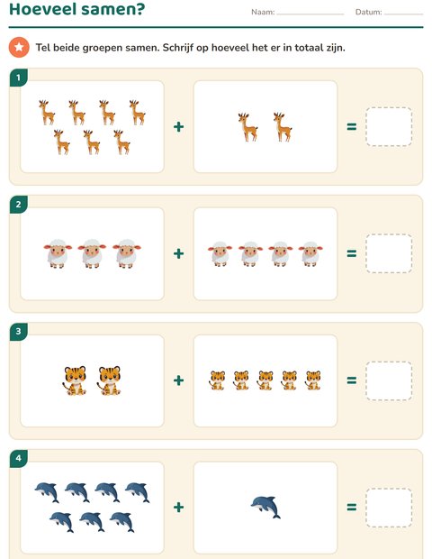 Voorbeeld van het Tellen met plaatjes-werkblad met Dieren voor kleuterklas
