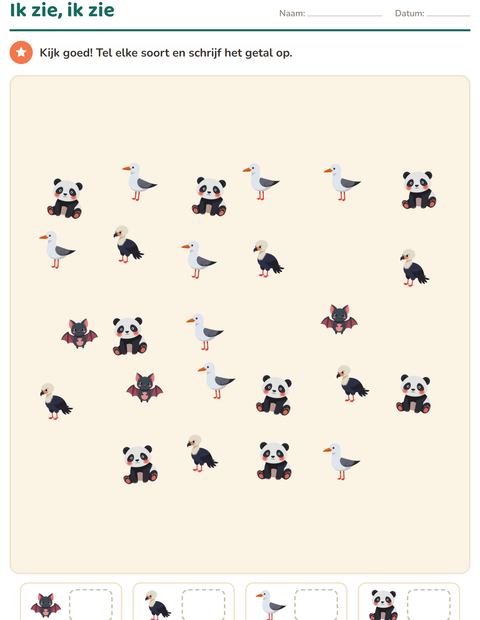 Voorbeeld van het Tellen met plaatjes-werkblad met Dieren voor kleuterklas