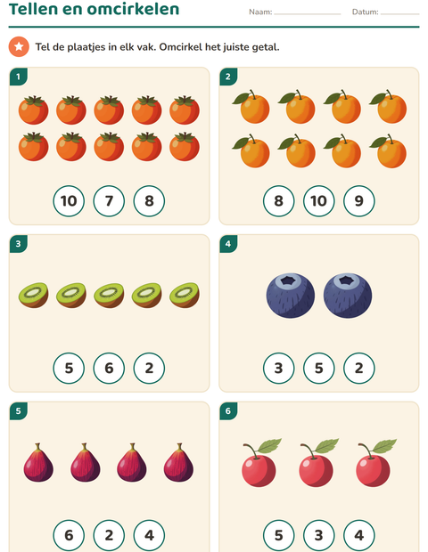 Voorbeeld van het Tellen met plaatjes-werkblad met Fruit voor kleuterklas